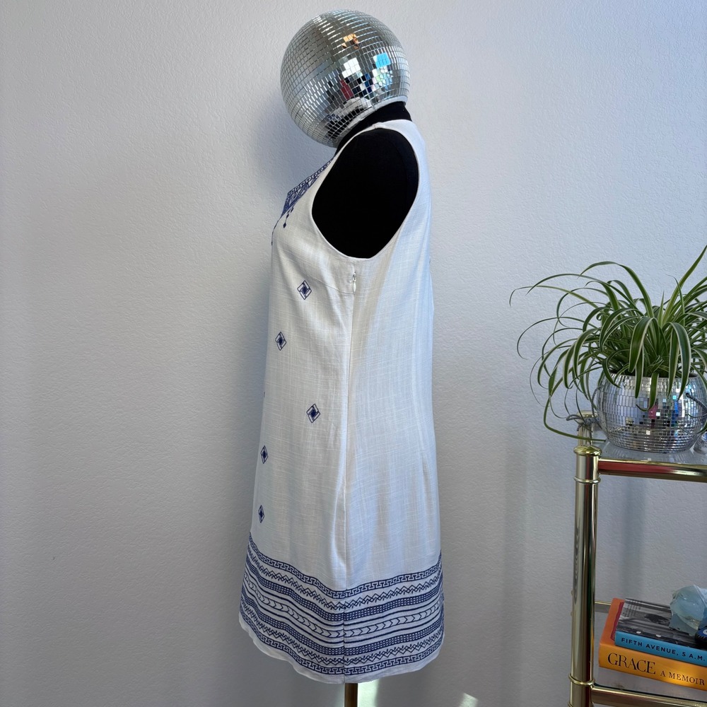 Soieblu Grecian Embroidered Cotton Linen Shift Mini Dress Size Small White Blue - Picture 4 of 15